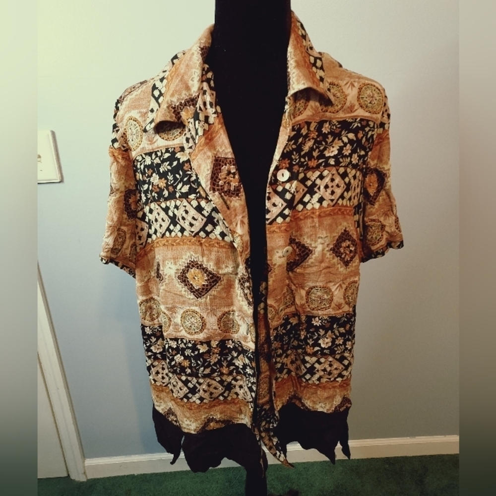 K Woman 16W Tan/Black/Brown Button Down Blouse